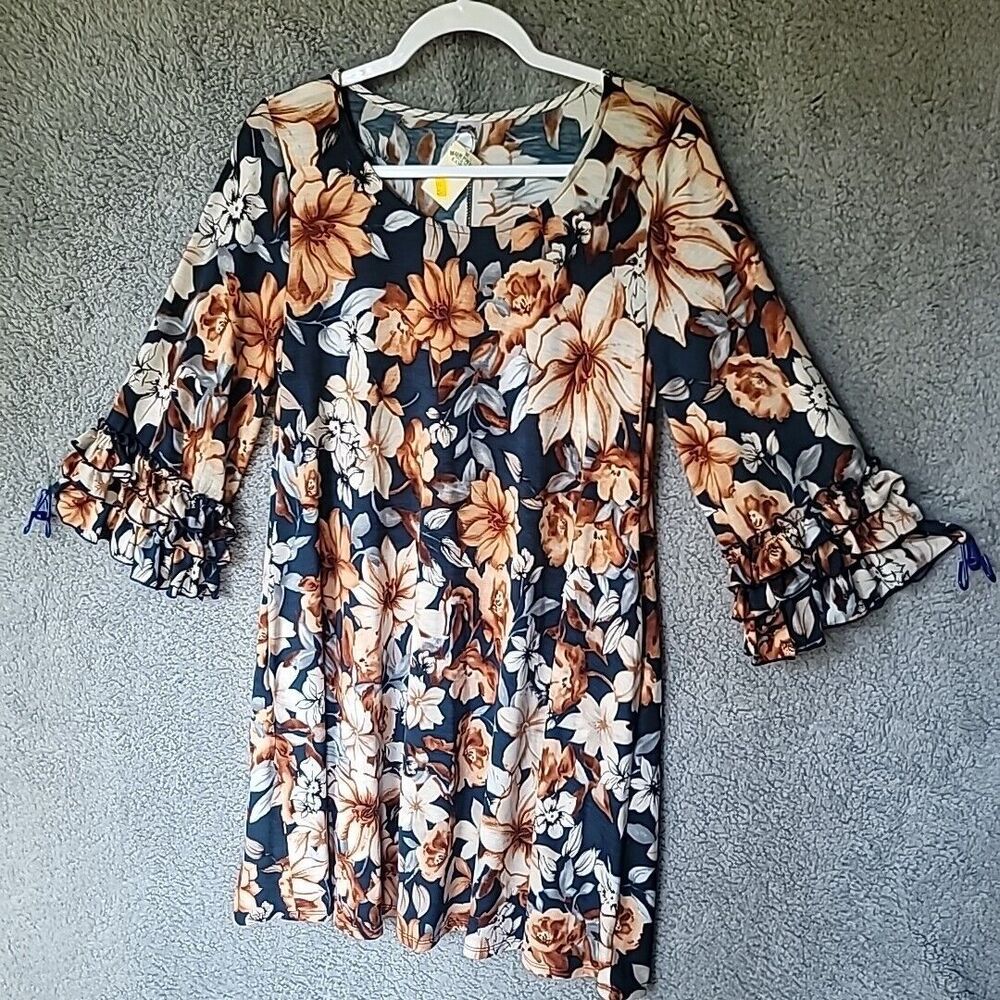 Honeyme Oversized Womens Dress Midi Pockets Floral Size Small Ruffle Sleeves NWT